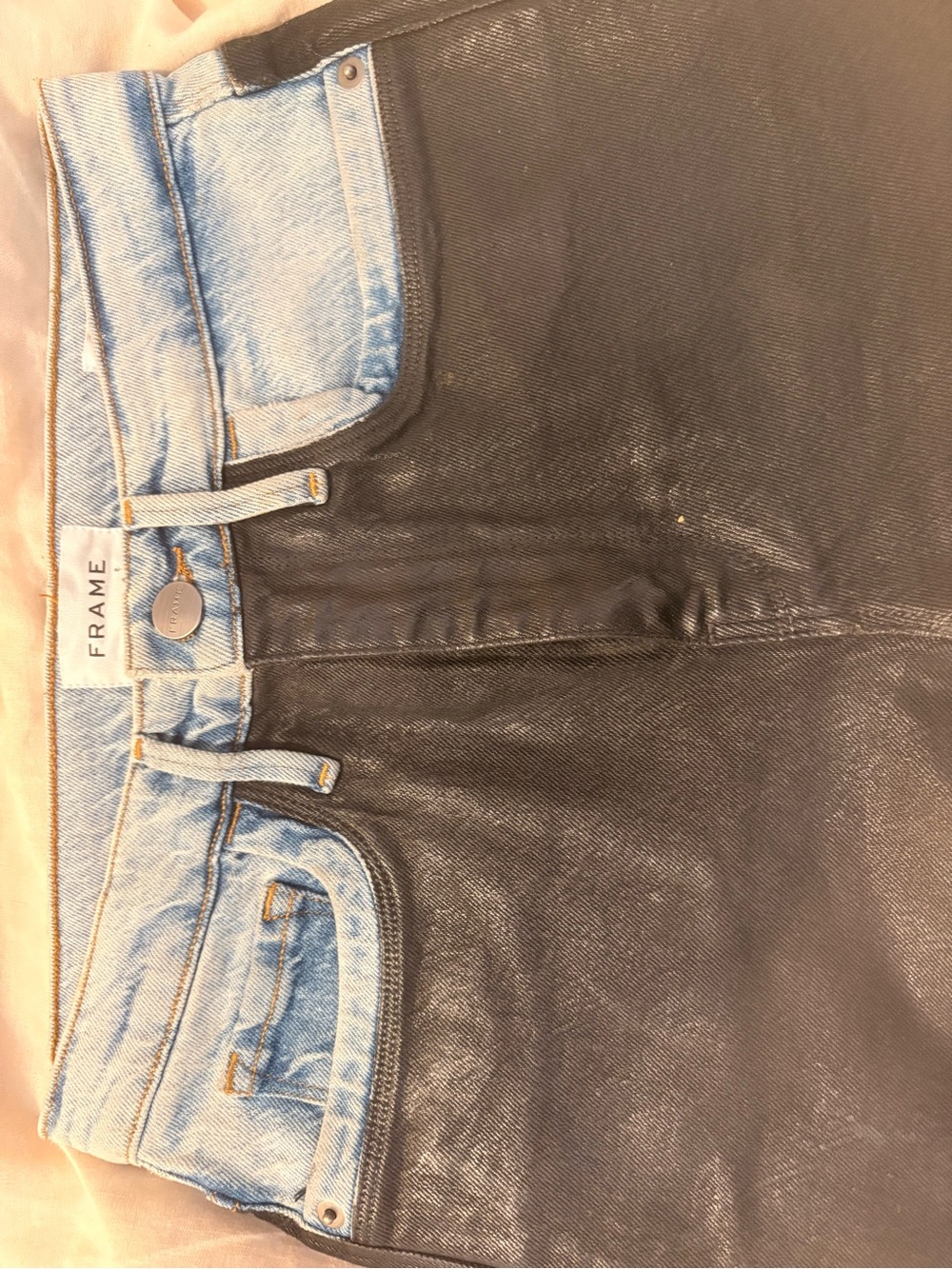 Frame Denim Two-Tone Skinny Jeans - Black Body with Light Blue Waist
